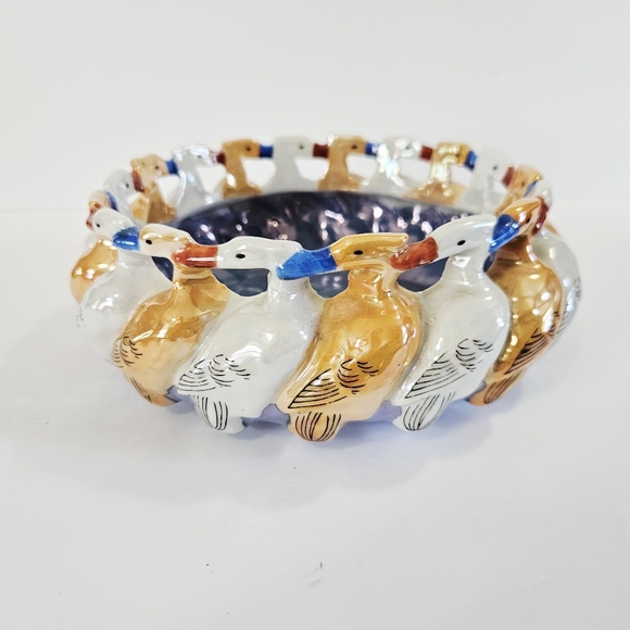 SEIEI & Co. 1930s Ducks in a Row Wide Dish Bowl Hand Painted Lustreware Japanese - Picture 1 of 13